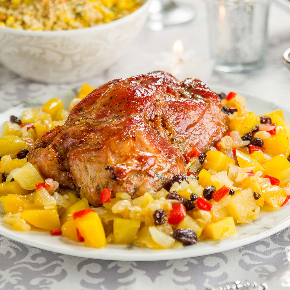 Pernil suíno com chutney de manga e maçã